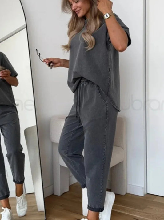 Casual Loose Sports Two Piece Set Women O-neck Short Sleeve Top Elastic Waist Lace Up Pants Sets Autumn Solid Fashion Outfit