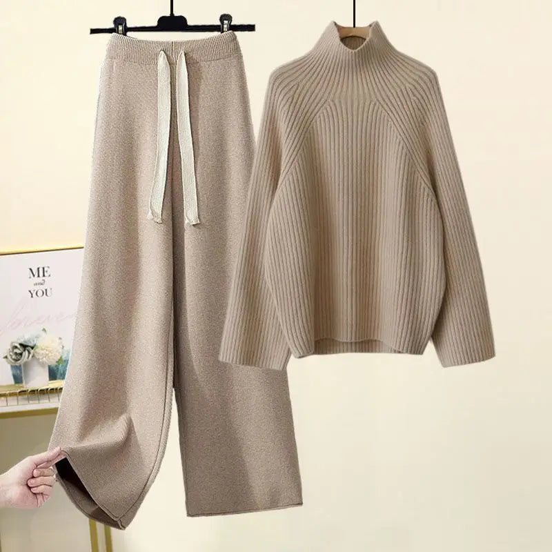 Plus Size Autumn Winter Women's Set New Lazy Style Sweater And Slimming Casual Pants Two Piece Set Trendy Elastic Knitted Fabric