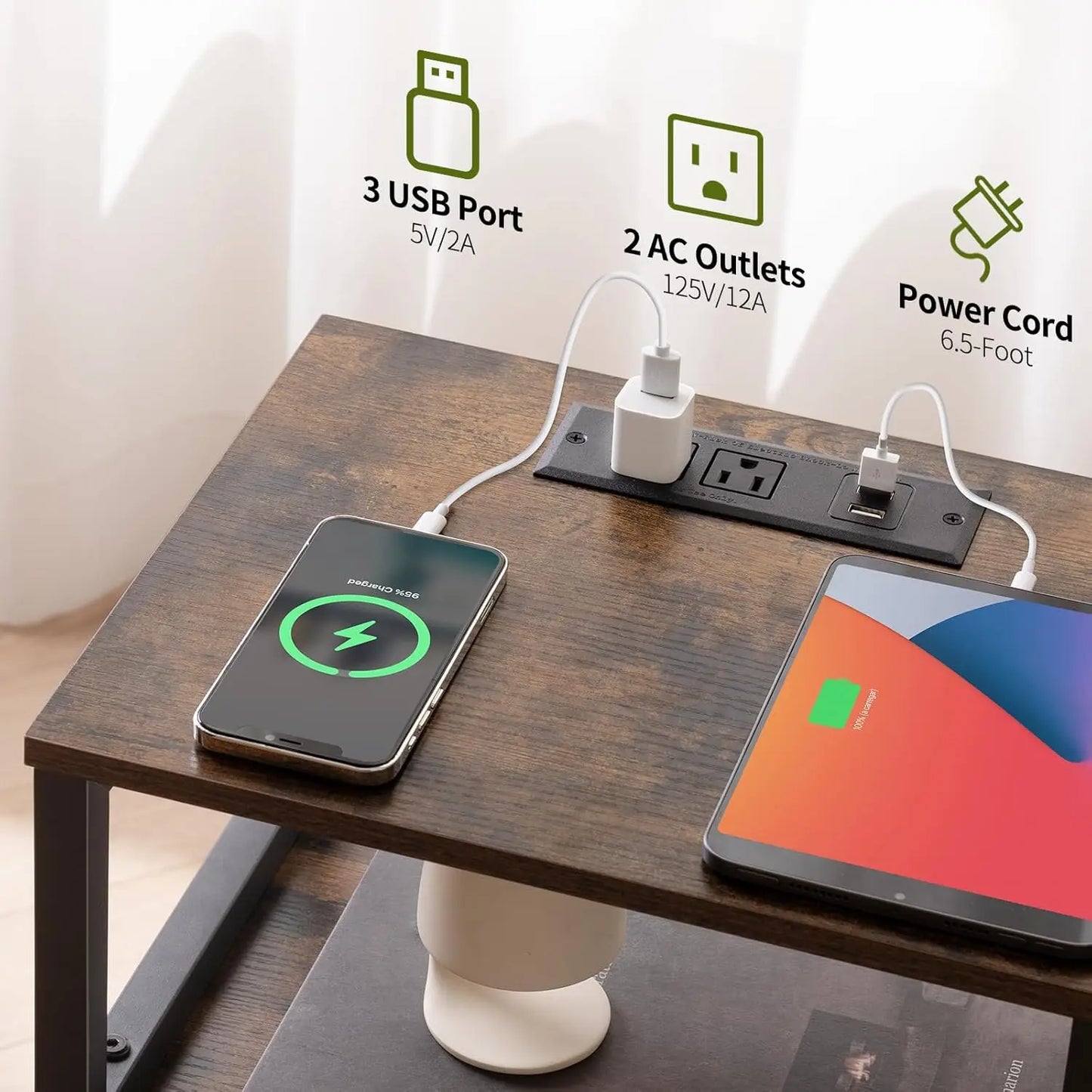 Farmhouse Nightstand with Charging Station, Wood Night Stand End Table with USB Ports, LED Bed Side Table with Storage Cabinet,