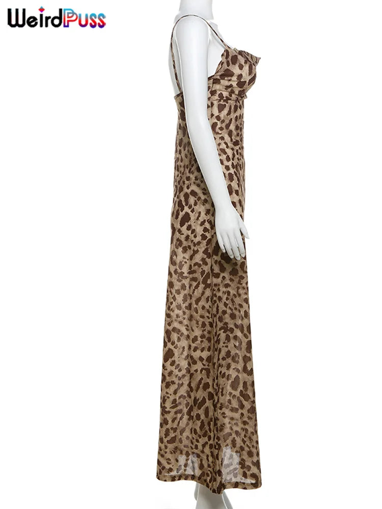 Weird Puss Leopard Print Dress Woman Summer Sexy Swing Collar Spaghetti Straps Backless Ruffles Party Clubwear Skinny