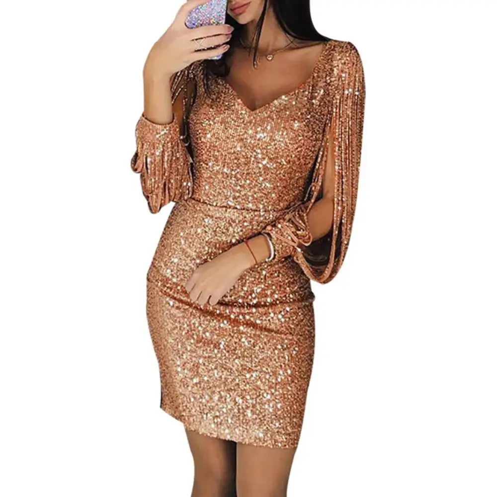 2024 New Silver Sequin Skinny Dress Women Sexy Tassel Sleeves V Neck Club Mini Dress Elegant Ladies Bodycon Pencil Party