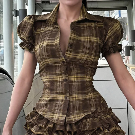 BIIKPIIK Vintage Plaid Short Sleeve Casual Shirts Gentle Sweet Turndown Collar Button Frill Puff Sleeve Shirt Spring Summer Tops