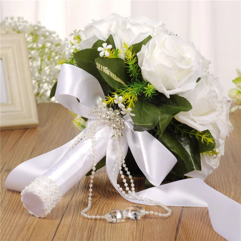 Bridal Bridesmaid Wedding Bouquet White Silk Flowers Roses Artificial Bride Boutonniere Mariage Bouquet Wedding Accessories