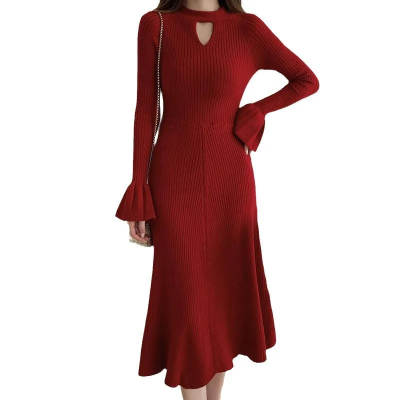 Elegant V-Neck Knitted Dress Slimming Long Skirt High Waist Bell Sleeve Unique Design Autumn Winter Women's Fashion Dress