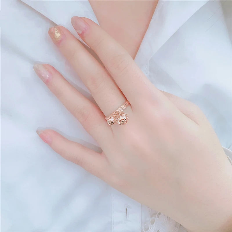 New in 585 Purple Gold Design Openwork Double Round Resizable Rings for Women 14K Rose Gold Simple Chinese Wedding Jewelry