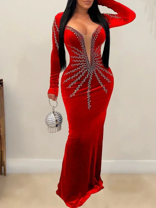 2025 Elegant Diamonds Velvet Long Party Dress for Women Sexy Deep V Evening Gown Formal Black Slim Dress Robe