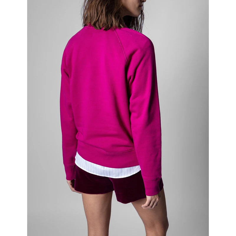 Early autumn new French niche ZV classic letter embroidery pink cotton women's embroidered pullover sweater sweatshirt