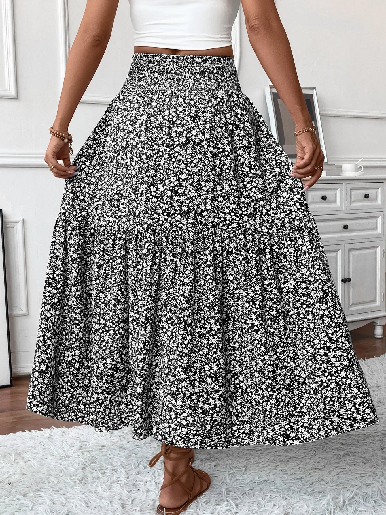 Women New Classic Printed Skirt Retro High Waist Long Skirt Casual Stylish Loose Beach Skirt Elegant Ladies Floral Pleated Skirt