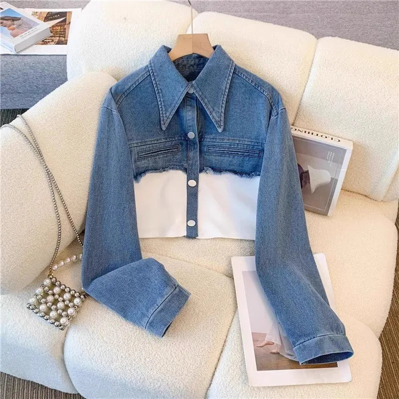 Two Piece Sets Women Pant Set Denim Splice Matching