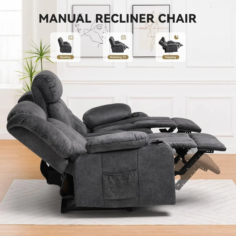 Manual Recliner Chair Set，Fabric Reclining Sofa Chair with Cup Holders, Upholstered Recliner with Side Pockets Suitable for Liv