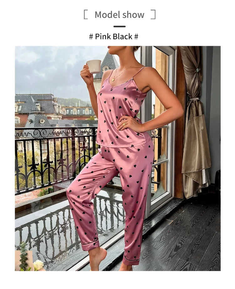 Women Satin Silk Pajamas Sets Letter Print Cami Vest Shirt