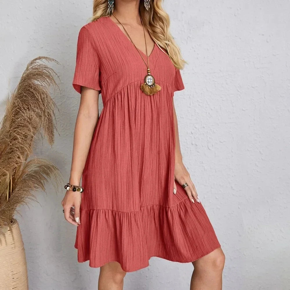 Women  Peplum Dresses Spring V-Neck Short Sleeve Loose Waist Ruffle Fit Flare Vocation Dresses