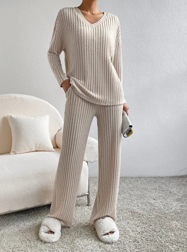 Solid Color Casual Loose Knitting Sets For Women Elegant Autumn Women's Two Pieces Suit Full Trouser Set Female Outfit Clothes