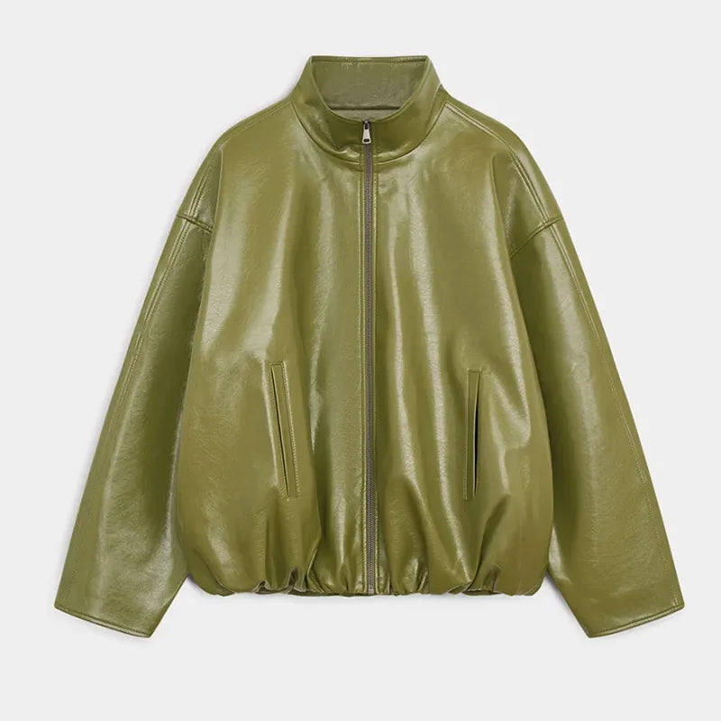 Street Green Leather Jacket Skirt Sets Women Stand Collar Zipper Pleated Coat Spliced Long Skirts Outfits