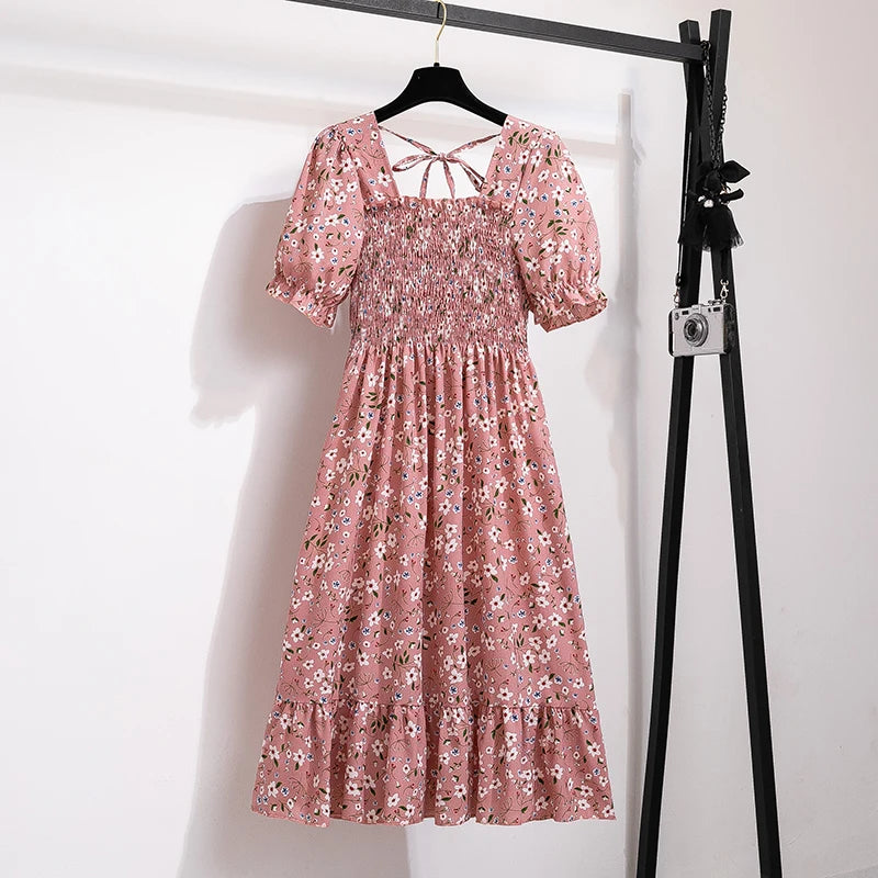 Spring Summer Chiffon Dresses Fashion Female Elastic Waist Short Sleeve Pleated Casual Dress Women A-line Dresses