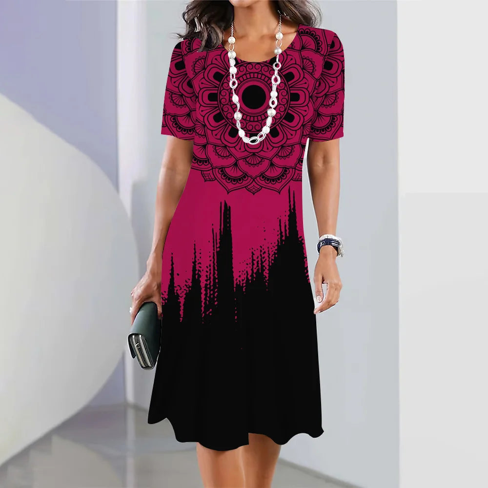 New Women's Dresses Striped Printed Elegant Casual O Neck Short Sleeve  Dresses Fashion Ladies Plus Size Clothing