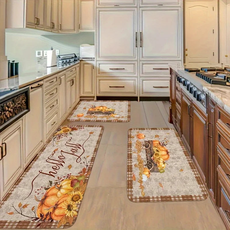 Thanksgiving Kitchen Mat , Autumn Pumpkin Sunflower Maple Leaf Non-Slip Holiday Decor Rug for Home Party Decor