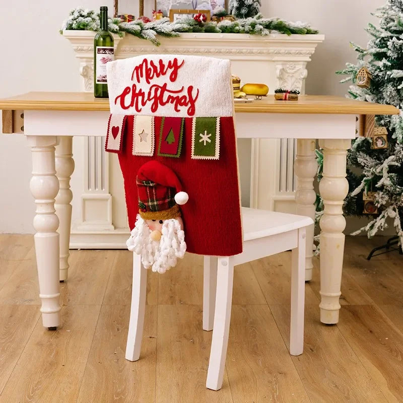 Reusable Christmas Chair Cover 3D Santa Claus Elk Chair Seat Cover Home Xmas New Year Supplies Christmas Decoration
