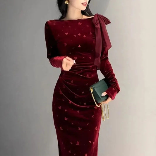 New Autumn Winter Long-sleeved Streamer Printed Floss Dress