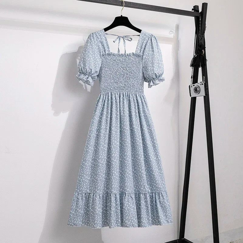 Spring Summer Chiffon Dresses Fashion Female Elastic Waist Short Sleeve Pleated Casual Dress Women A-line Dresses