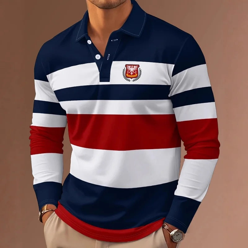 New Classic Stripe Printed Men's Long Sleeve Polo Shirts Autumn Casual Comfortable Fit Button Polo Tops Street Man Pullover