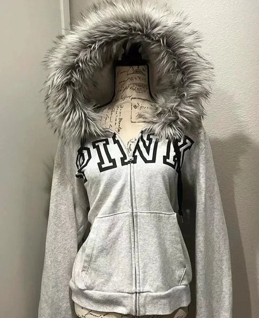 Y2K Gray Flocked Hoodie Womens Harajuku Retro Letter Graphic Embroidered Zipper Jacket Autumn Winter Gothic Sweet Sexy Slim Coat