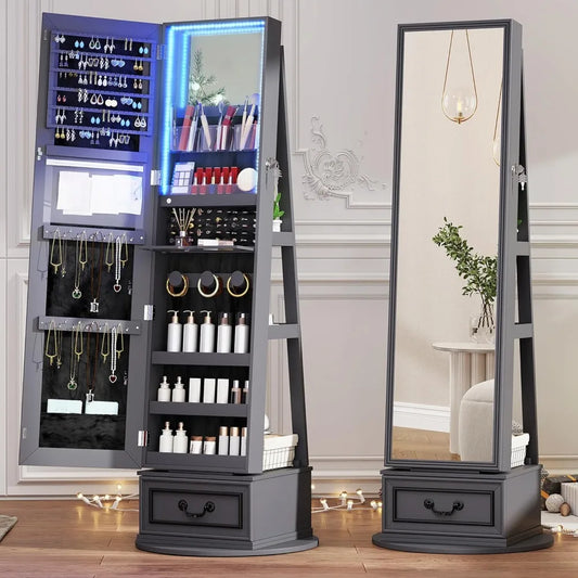 Mirror Jewelry Cabinet Standing, 360° Swivel Jewelry Armoire with Full Length Mirror, Lockable Mirror with Jewelry Storage