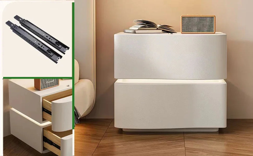 Modern Nightstand with LED Light, Leather Night Stand with Drawer, Solid Wood Bedside Table (2 Drawers, White)