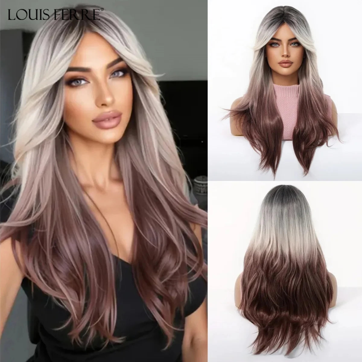 LOUIS FERRE Brown Blonde Highlights Wigs For Women Daily Long Wavy Curly Synthetic Wigs Natural Heat Resistant Hair With Bangs