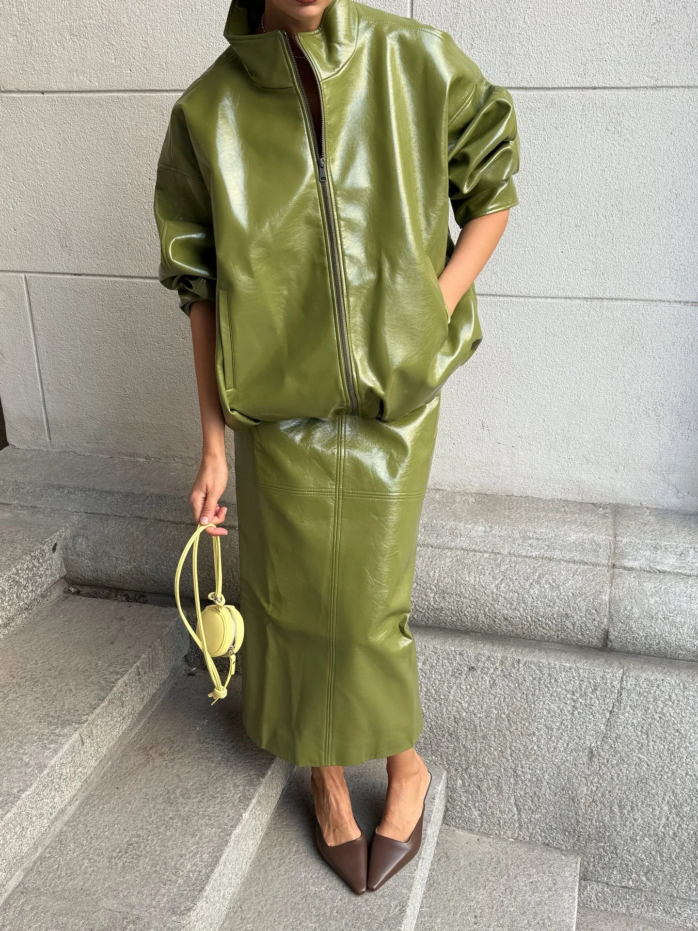 Street Green Leather Jacket Skirt Sets Women Stand Collar Zipper Pleated Coat Spliced Long Skirts Outfits