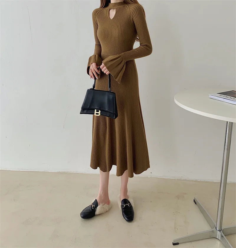Elegant V-Neck Knitted Dress Slimming Long Skirt High Waist Bell Sleeve Unique Design Autumn Winter Women's Fashion Dress