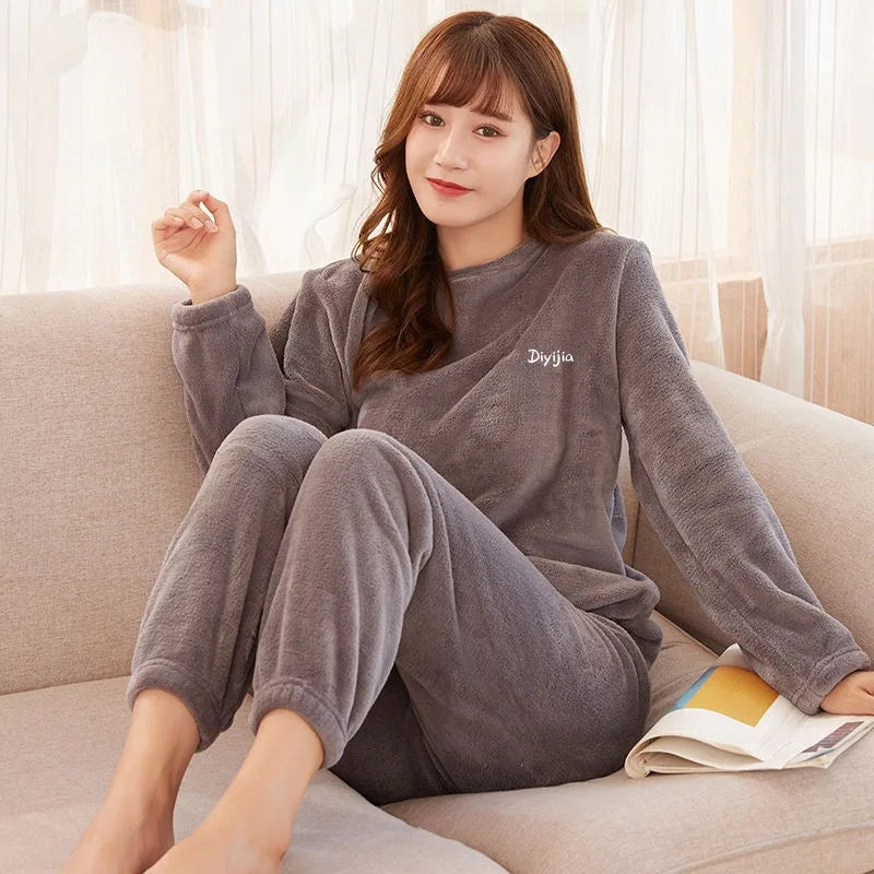 Warm Coral Fleece Pants Set Women's Loose Comfortable Home Wear Outerwear Versatile Lazy Girl Style Long Sleeve Cartoon Print