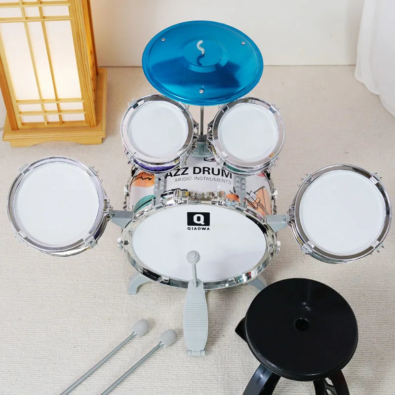 Kids Drum Set Toddler Jazz Drum Kit Toys with Stool Pedal Percussion Musical Instruments Drum Toy Early Education Gift for Boys