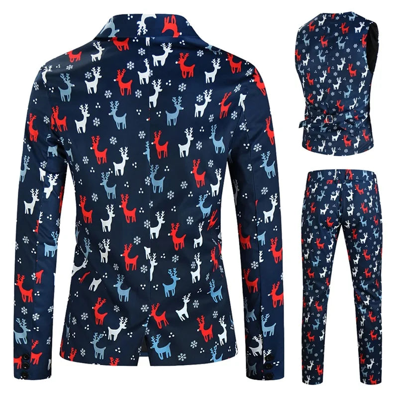 Men Christmas 3Pcs Suit Cartoon Print Long Sleeve Single Breasted Jacket with Vest Pants