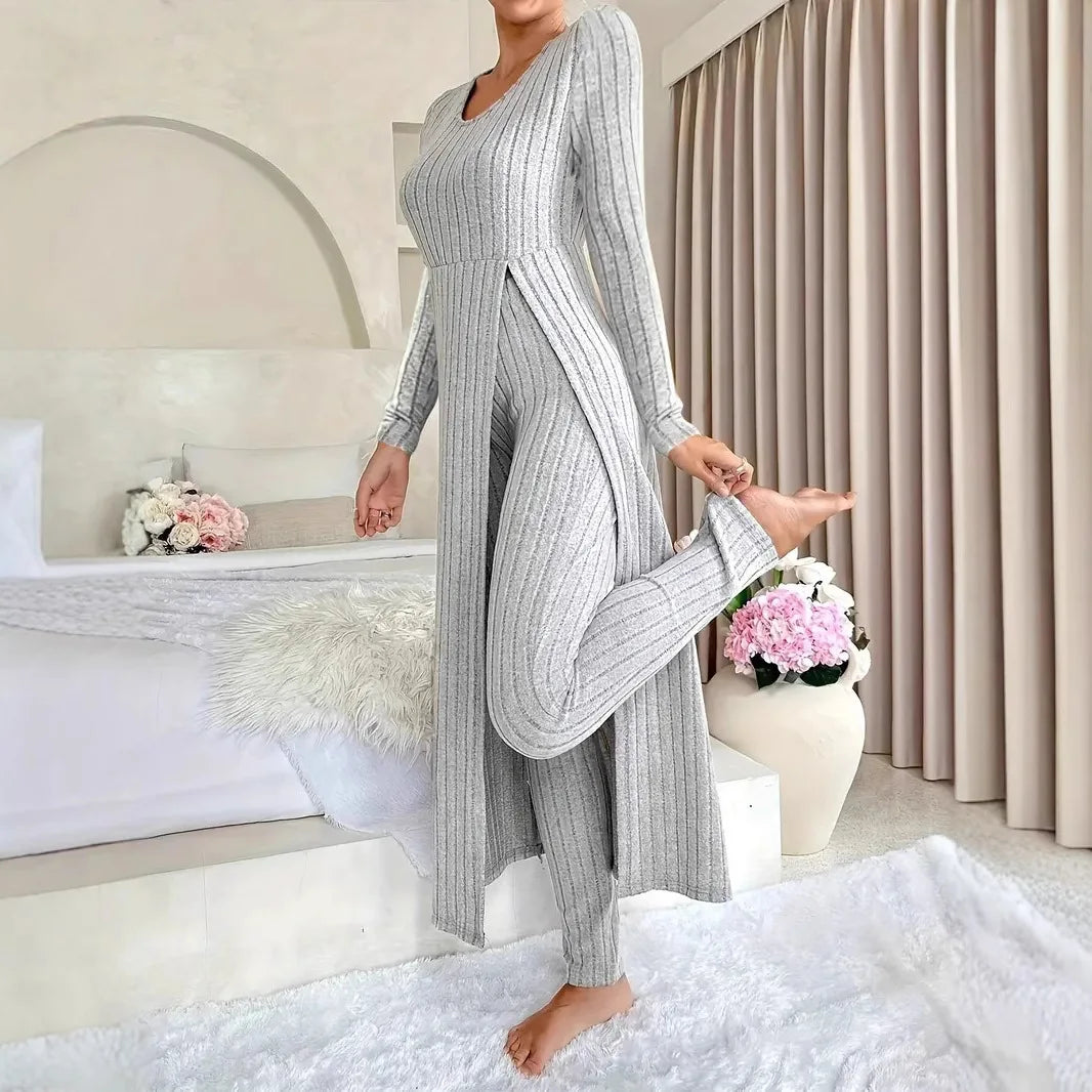 Autumn Casual Solid Set For Women Fashion O Neck Long Tops+High Waist Slim Pants 2 Piece Sets Lady Holiday Women's Clothing New