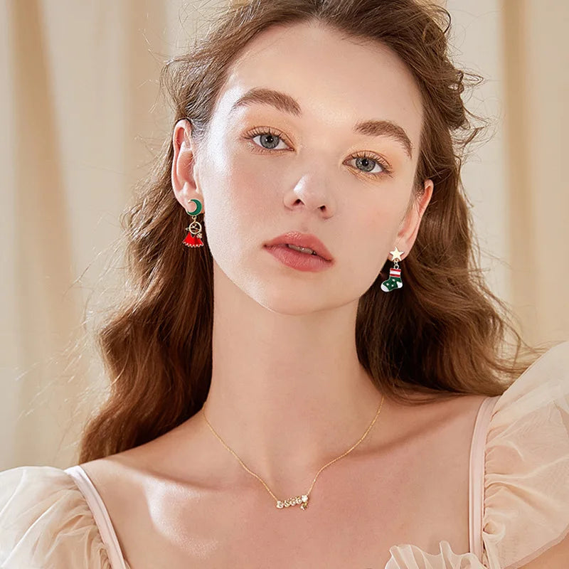 Fashion Christmas Green Bowknot Bell Pendant Earrings