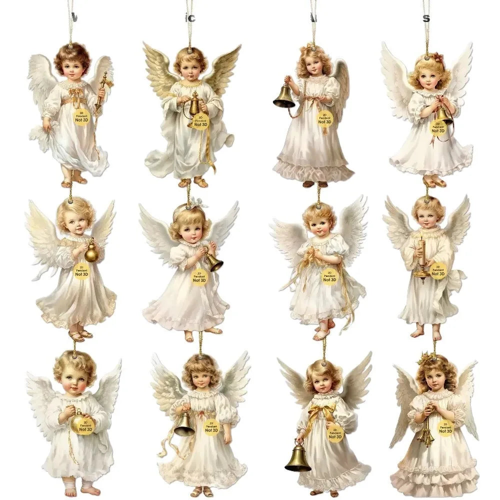 Christmas Retro Angel Girl Wooden Flat Pendants Xmas Tree Hanging Ornaments