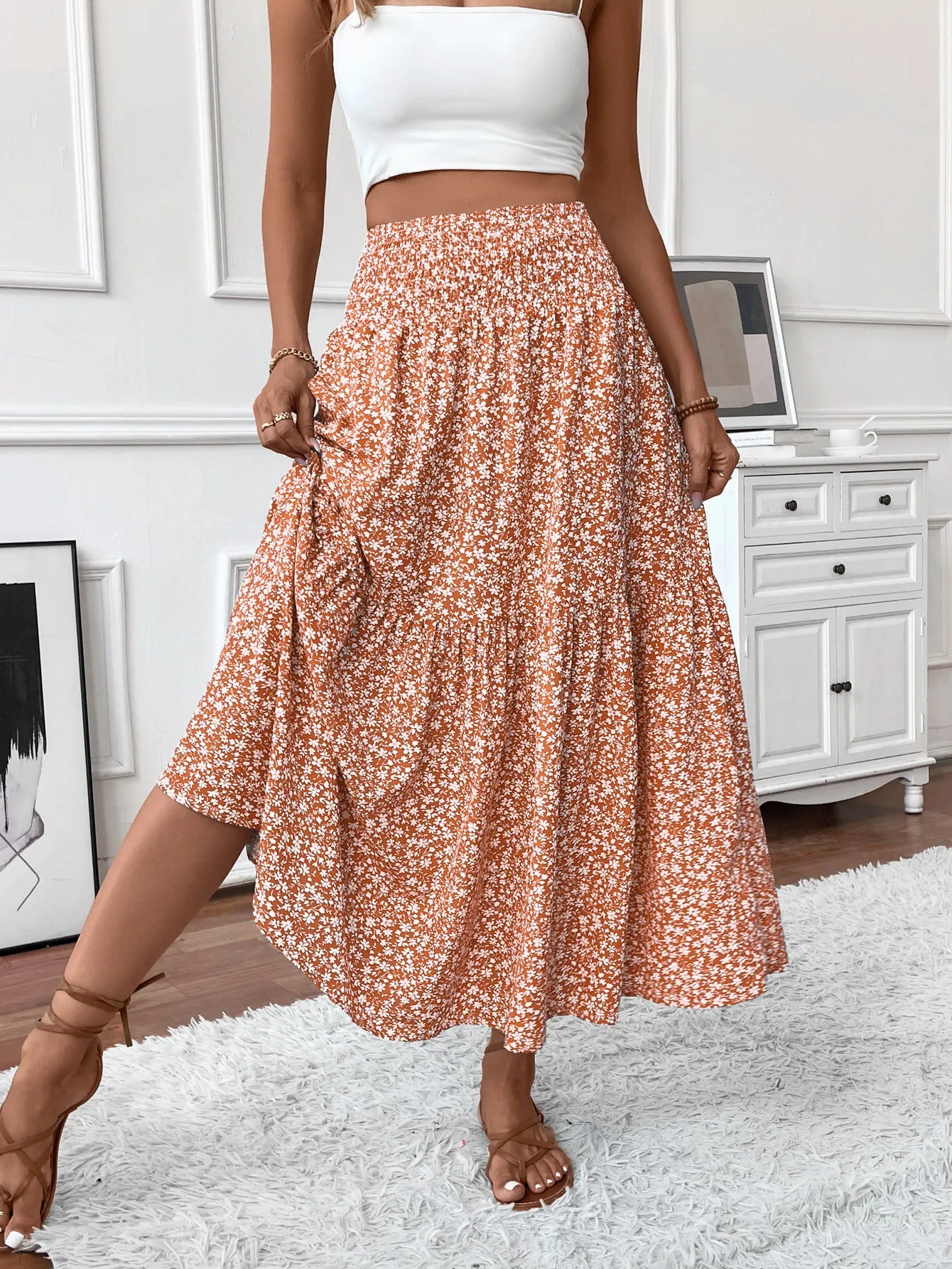 Women New Classic Printed Skirt Retro High Waist Long Skirt Casual Stylish Loose Beach Skirt Elegant Ladies Floral Pleated Skirt