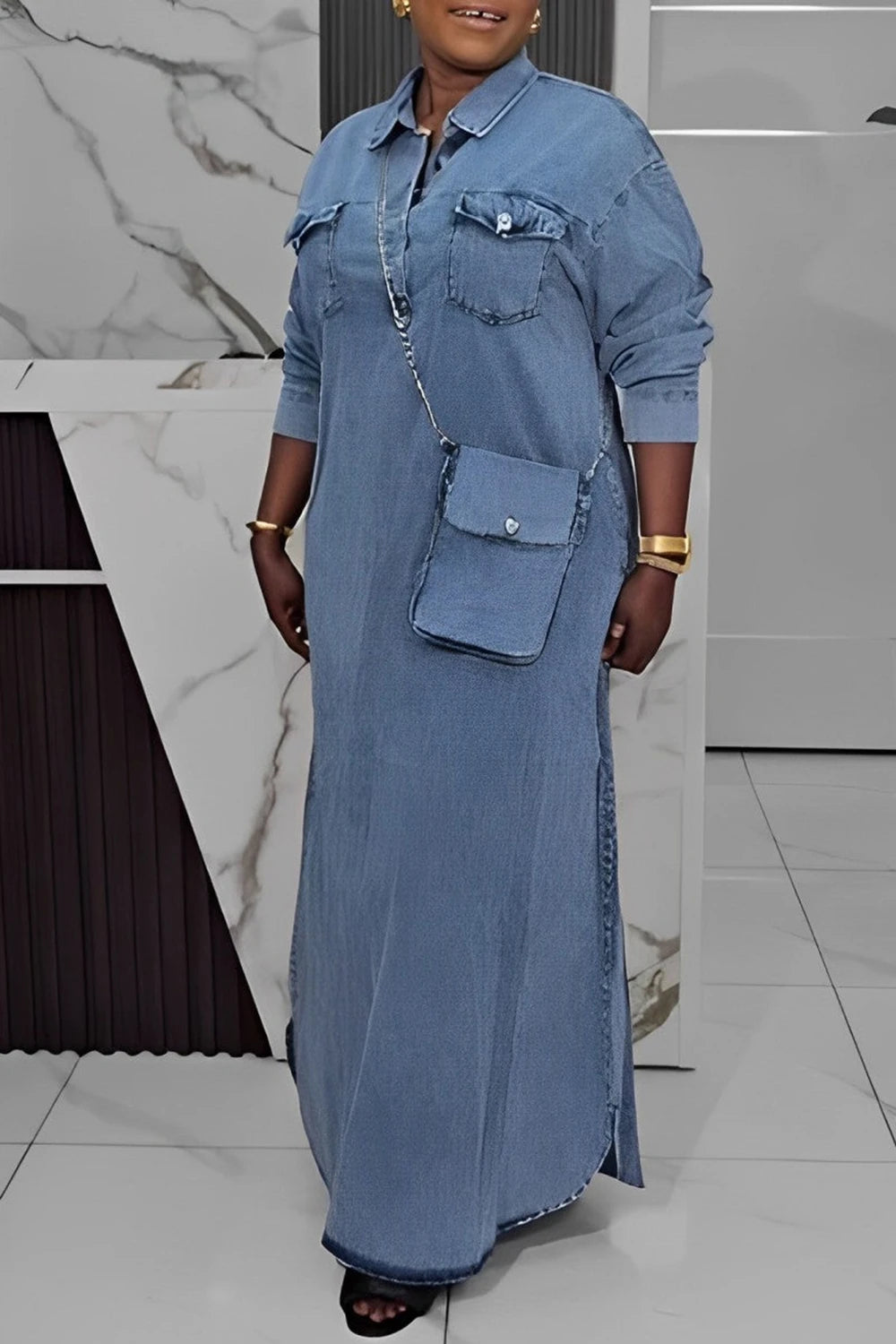 Plus Size Casual Light Blue Shirt Collar Long Sleeve Button Pocket Tencel Denim Maxi Dresses