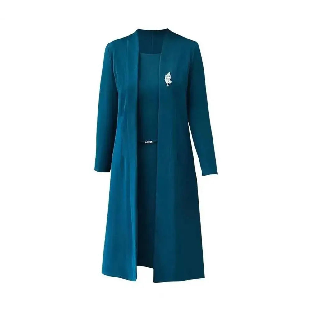Women Dress Coat Suit Elegant Long Coat Dress Set Middle-age Women Formal Suit Set Long Cardigan O Neck Sleeveless Dress