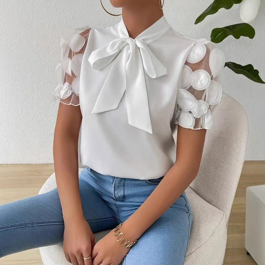 Summer Short Sleeve Blouses For Women 2025 Fashion Loose Bow O-neck White Tops Casual Ladies Shirts Elegant