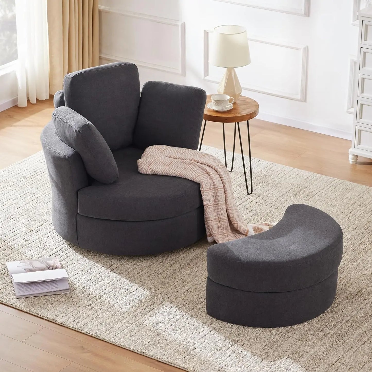 Swivel Accent Barrel Chairs with Removable Headrest, Chaise Lounge Indoor with Neck Support Pillow,Swivel Chairs for Living Room