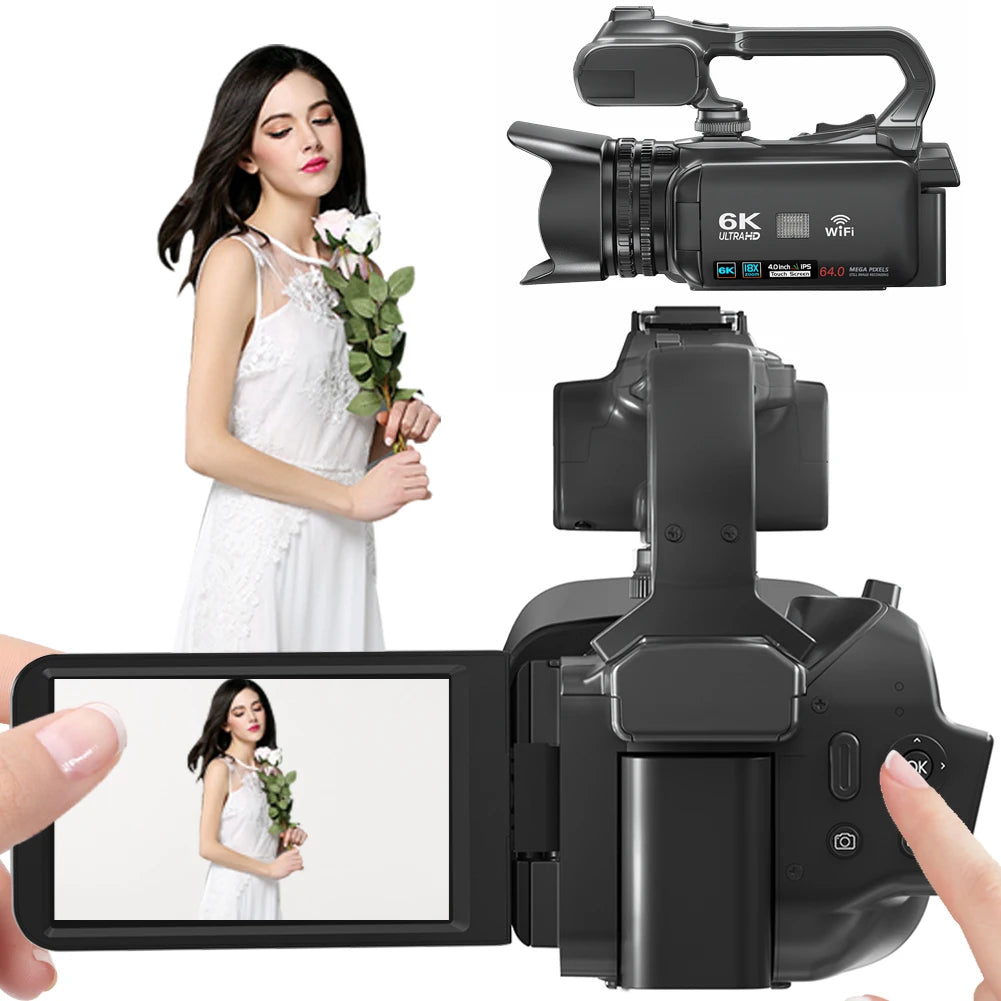 6K Digital Video Camera 64MP 4inch Touch Screen Vlogging Camera 18x Digital Zoom Camcorder for YouTube Live Streaming Vlogging