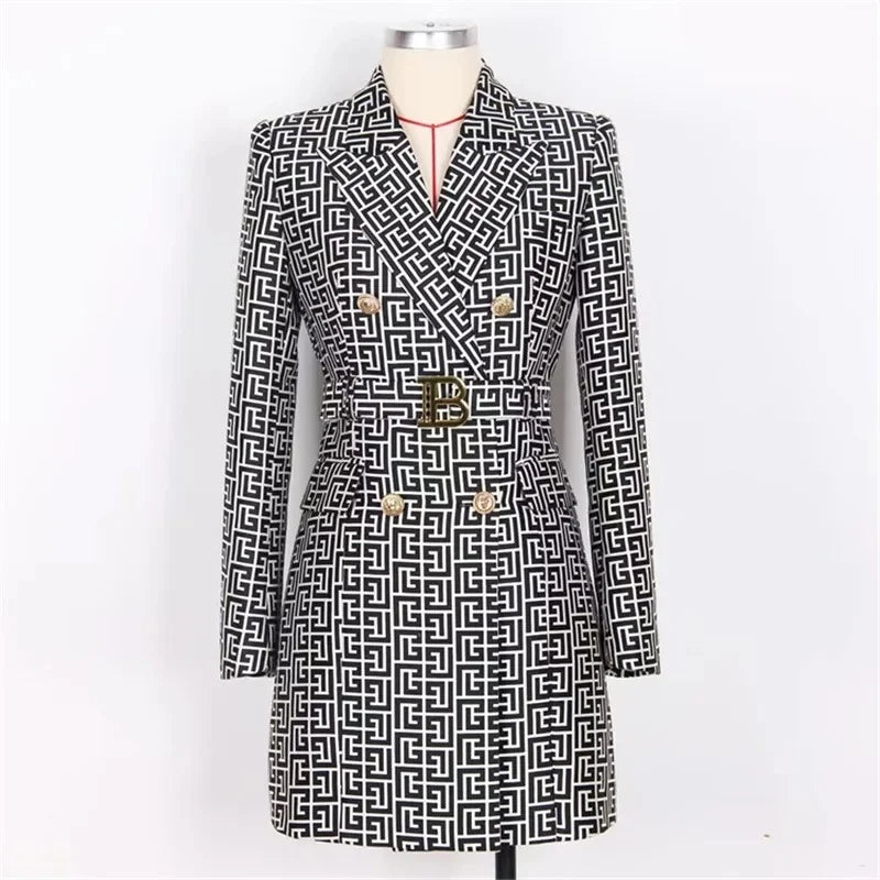French Elegant Long Sleeve Suit Dress Waist-Cinching Short Size Professional Double-Buttoned Belted Coat