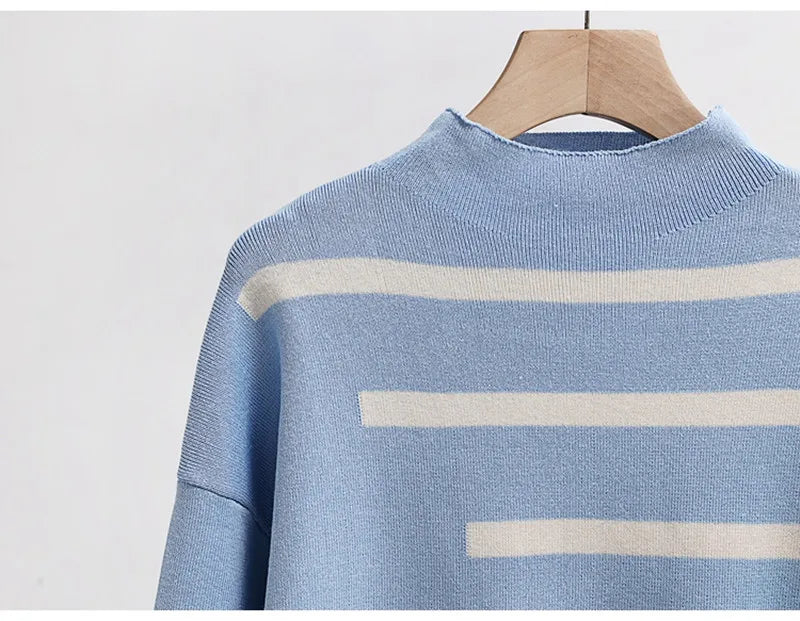 Loose Knitwear 2 Pieces Sets Women Striped Long Sleeve Knit Pullover Tops Conjuntos Korean High Waist Wide Leg Pants Tracksuit