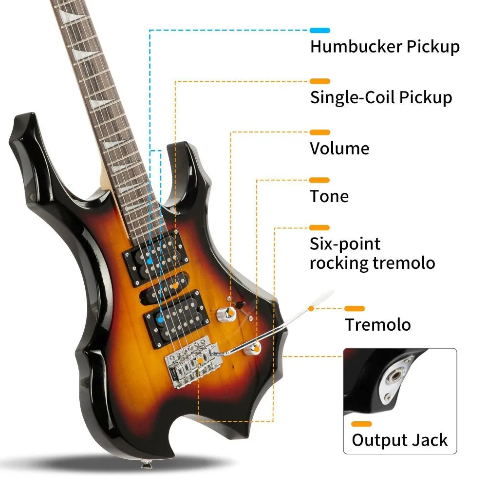 Flame Shaped Guitar Starter Kit 6 Strings, w/Guitar Bag 20W AMP Sunset