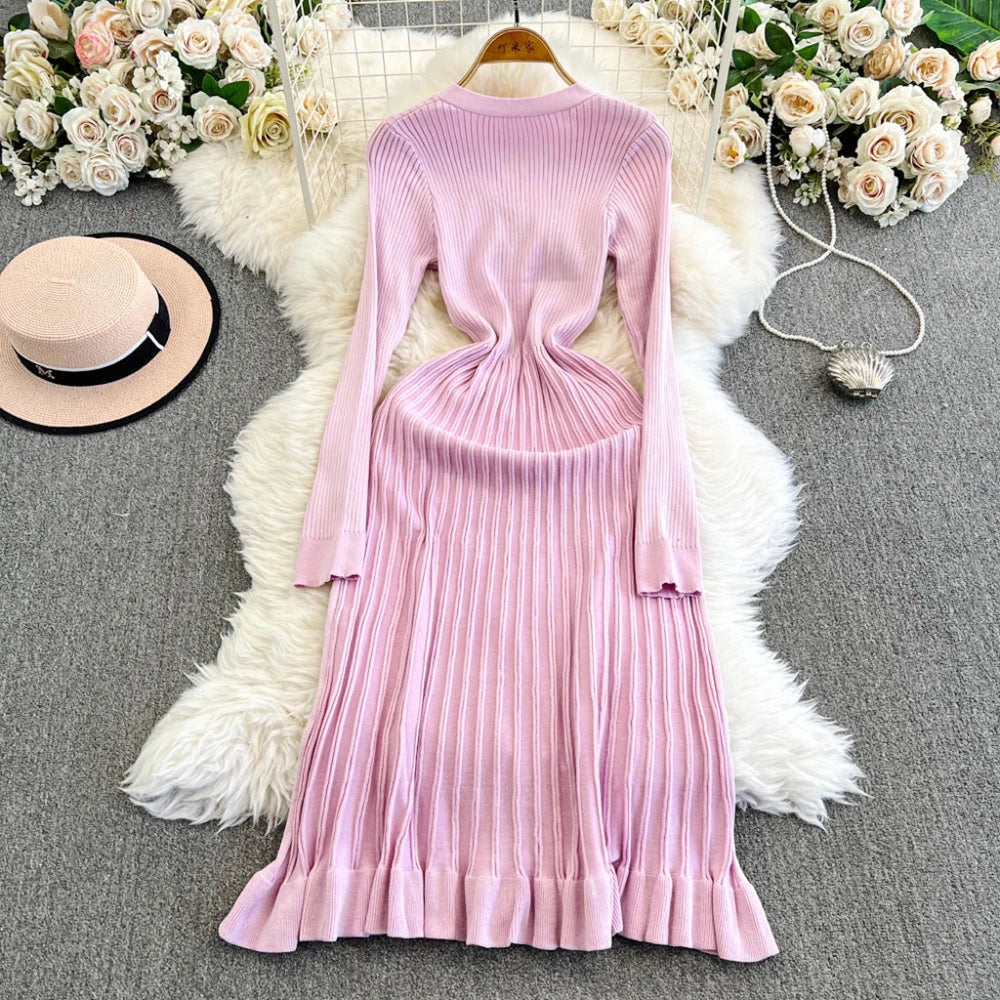 YuooMuoo Autumn Winter Women Knitted Long Dress Brand Fashion V-neck Slim Waist Pleated Sweater Dress Lady Office