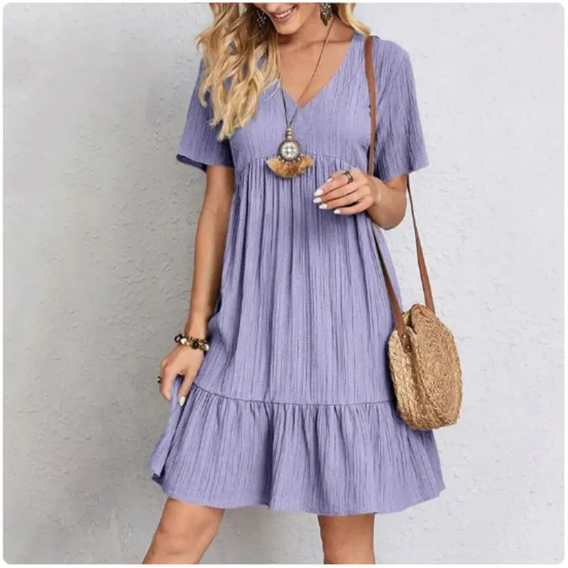 Women  Peplum Dresses Spring V-Neck Short Sleeve Loose Waist Ruffle Fit Flare Vocation Dresses