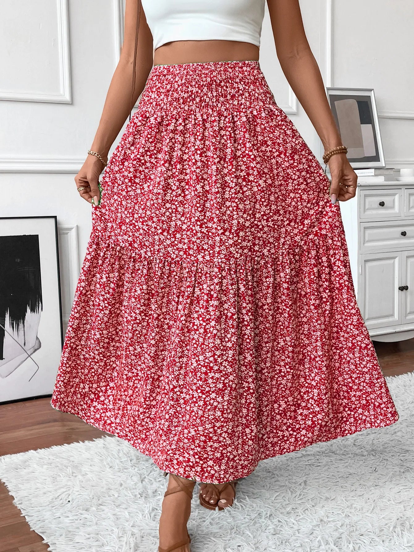Women New Classic Printed Skirt Retro High Waist Long Skirt Casual Stylish Loose Beach Skirt Elegant Ladies Floral Pleated Skirt