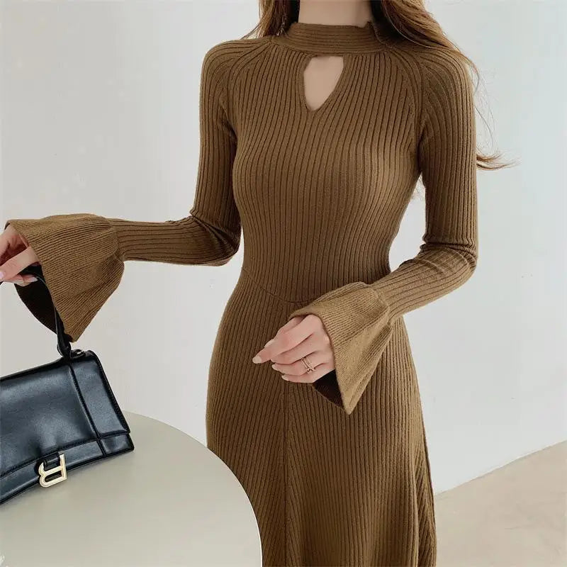 Elegant V-Neck Knitted Dress Slimming Long Skirt High Waist Bell Sleeve Unique Design Autumn Winter Women's Fashion Dress